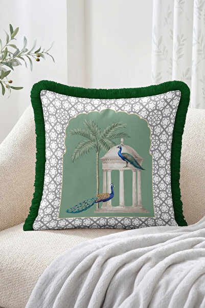 Realhomes Geometric Patterned Fringed Throw Pillow Cover with Peacock, Palm T...