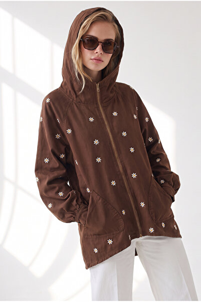Olalook Women's Brown Zippered Pocket Hooded Denim Jacket with Embroidery Det...
