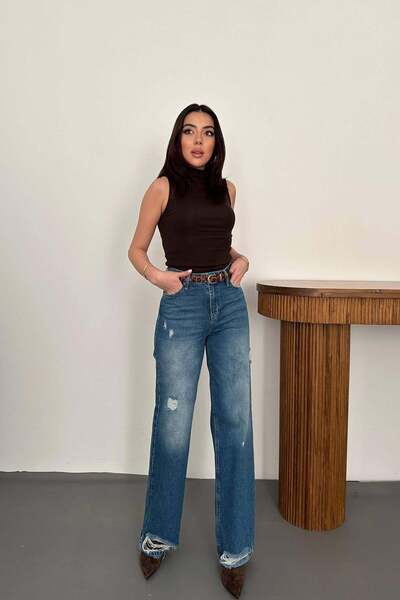 Clothes Fast بنطلون جينز نسائي عالي الخصر بتفاصيل ممزقة وأرجل واسعة