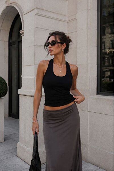 Moda Days Γυναικεία μαύρη μπλούζα με λαιμόκοψη halter, αμάνικη, με ανοιχτή πλ...