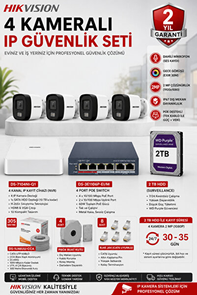 Hikvision 4 Kameralı IP Güvenlik Kamera Seti 2 MP Sesli Gece Görüşlü 2TB HDD ...