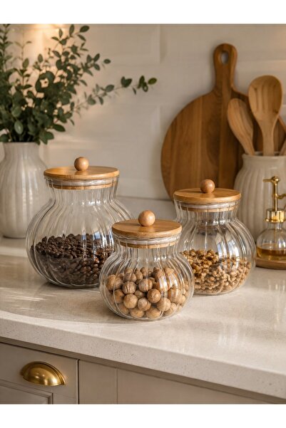 Qerhome Set of 3 Borosilicate Glass Jars with Bamboo Lids - Striped Grain and...