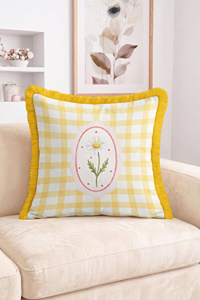 Realhomes Daisy Flower Motif Plaid Patterned Fringed Throw Pillow Cover - Boh...