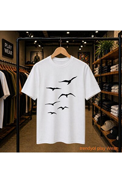 playwear Seagull Shadow Printed 100% Cotton Oversize Loose Regular Fit Crew N...
