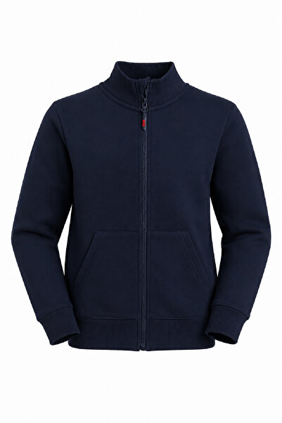 Cloise Cardigan școlar premium unisex, cu guler înalt și fermoar, albastru ma...