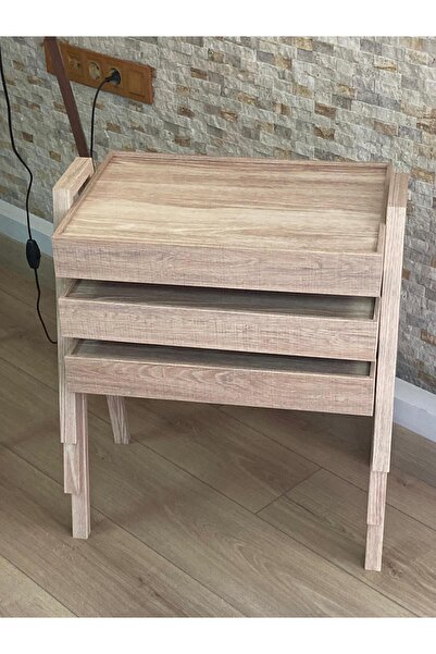 desping 3'lü Tepsi Zigon Sehpa meşe Desen İç İçe Geçme 50x35 Tabla