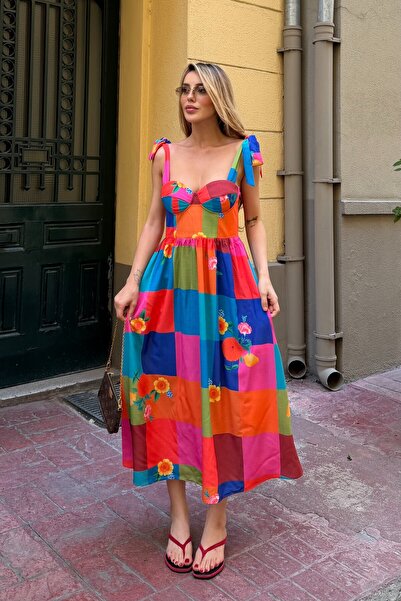 Laluvia Colorful Checkered Floral Halter Dress - 8079