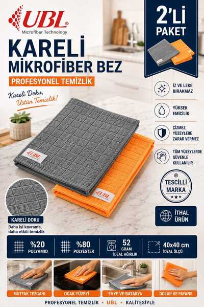 UBL kareli mikrofiber mutfak bezi 2'li set 40x40 cm çok amaçlı süper emici GR...