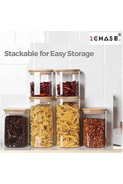 1Chase 6 قطع من أوعية تخزين الطعام المربعة مع غطاء خشب البامبو محكم الإغلاق، ...