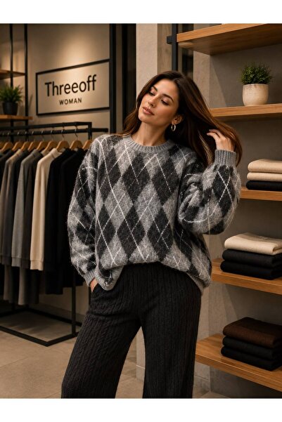 threeoff Kadın Premium Baklava Desenli Triko Kazak Oversize Salaş Kesim Kışlık