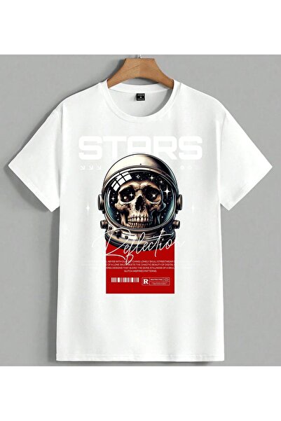ELFERA Μπλουζάκι Unisex Oversize με στάμπα Space Skull Glitch Design, Λευκό