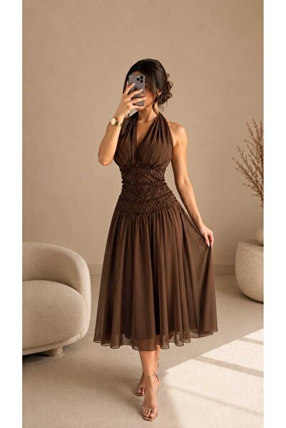 Kurtah Luxury Halter Neck Beaded Embellished Brown Midi Evening Dress