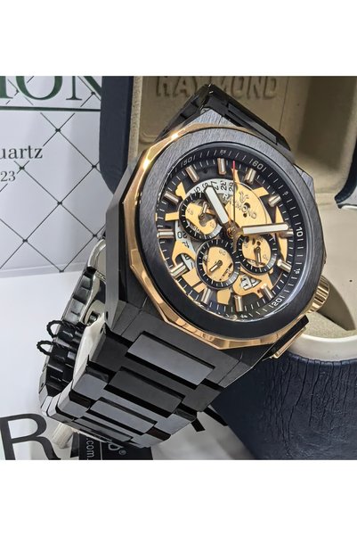 Raymond Men's Black Rose Gold Steel Band Skeleton Dial Wristwatch