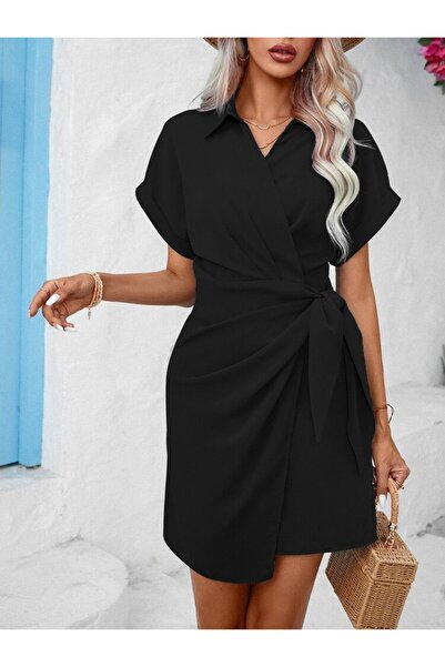 pazarella Women's Short Sleeve Collar Side Tie-Up Woven Dress