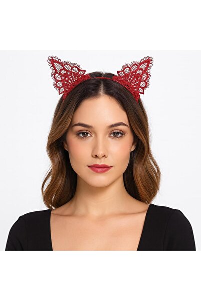 FTA TİCARET Lacy Red Cat Crown - Vintage Style Lace Cat Ear