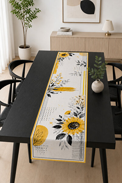 Bebişim Halı Sunflower and Modern Geometric Patterned Yellow Black Runner Tab...