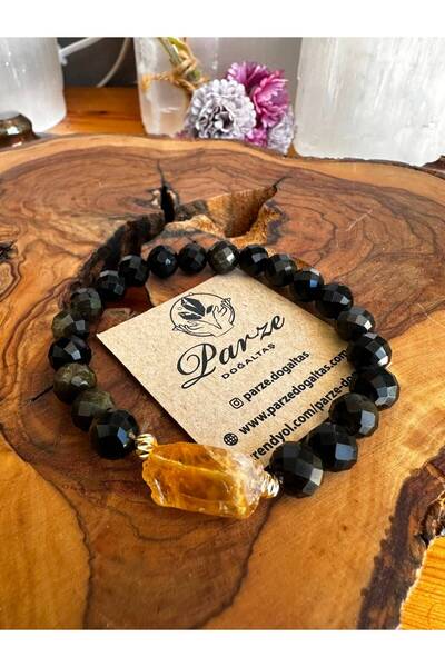 parze doğaltaş Microfacet Crystal Cut Obsidian and Citrine Design Natural Sto...