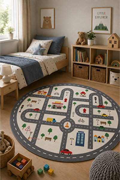 DECOVİST HOME Yıkanabilir, Kaymaz Tabanlı ve Leke Tutmaz Araba Yolu Desenli Ç...