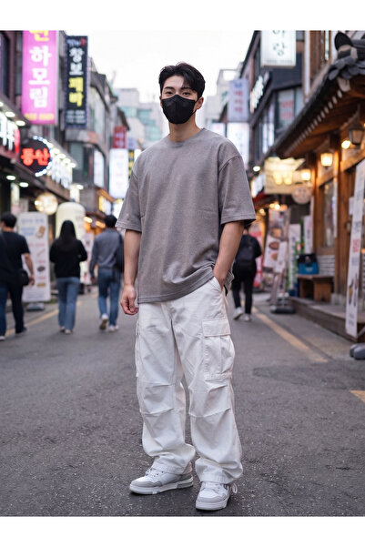 Gri Örme Keten Görünümlü Oversize Düz Basic T-Shirt