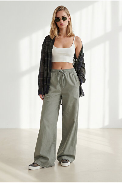Olalook Women's Khaki Elastic Waist Pocketed Gabardine Tassel Trousers Pnt-19...