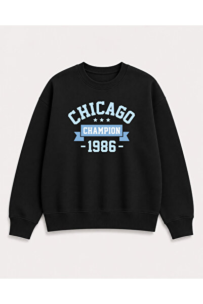 herkesemoda Chicago Print Detailed Crew Neck 2 Thread Sweatshirt
