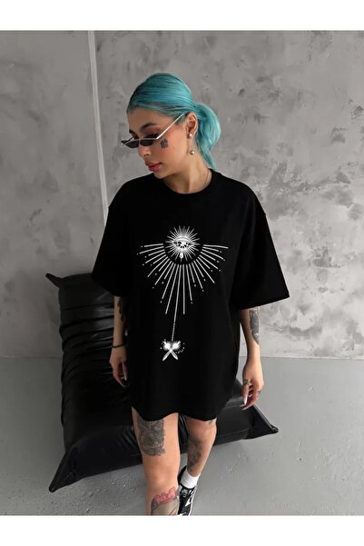 Wear Up Tricou unisex oversize cu gât de ciclism imprimat - Negru
