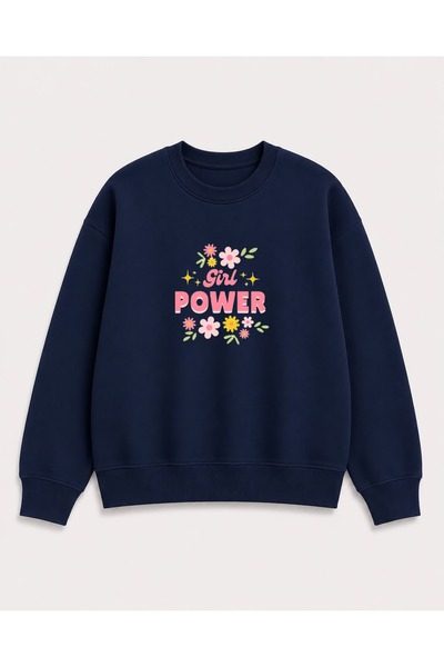 herkesemoda Power Girl Floral Print Detailed Shirred 2 Thread Crew Neck Sweat...