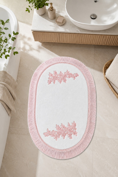 Bonny Home Powder Lace Non-Slip Leather Based Oval Bath Mat with Tassels Wash...