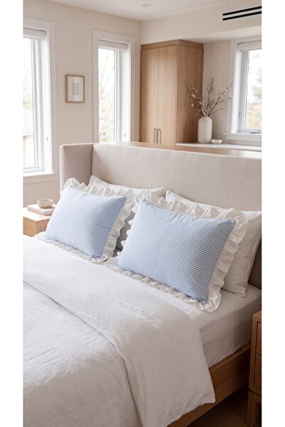 kesenegore 2-Piece Cotton Fabric White Ruffled Striped Pillowcase 50X70 cm