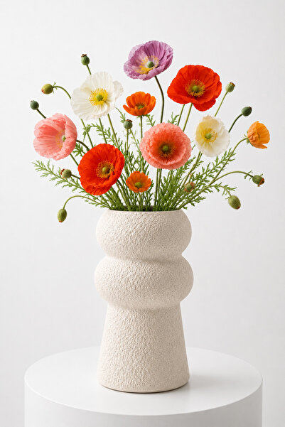 Lui Tasarım Nordic Style Textured Vase Ceramic Cream Color Bohemian Vase 23 cm