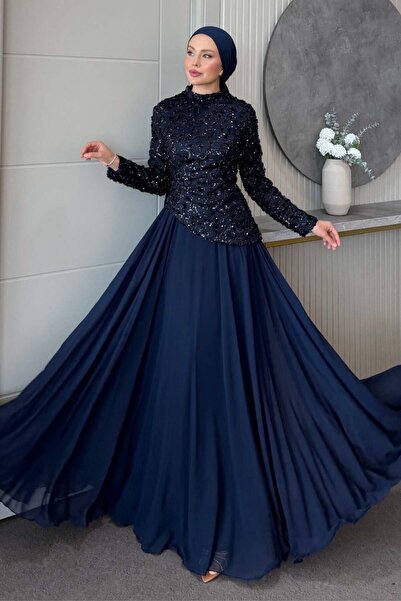 Şule Giyim Midnight Sequin Evening Dress Navy Blue