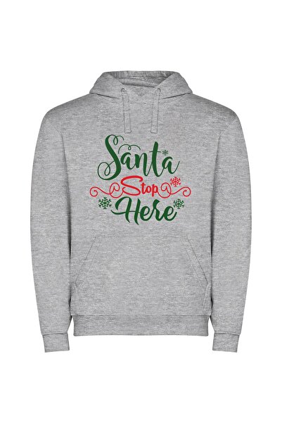 iLovePrints Merry Santa Stop Here Φούτερ με κουκούλα σε χρώμα Γκρι