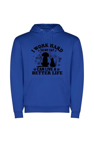 iLovePrints Purrfect Life: Working Hard Φούτερ με κουκούλα σε χρώμα Μπλε