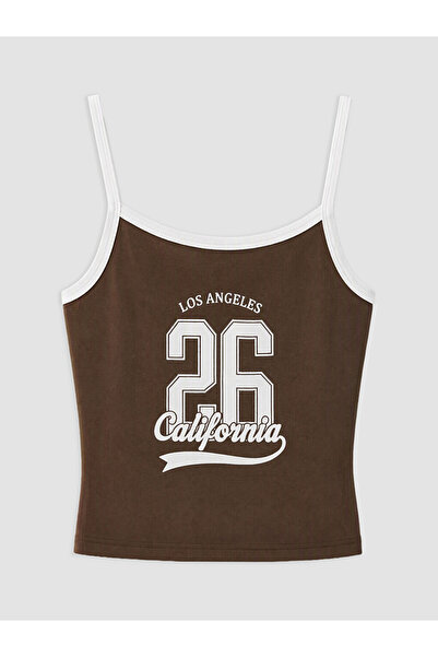 LC Waikiki Brown Rope Strap Los Angeles Printed Women's Crop Tank Top
