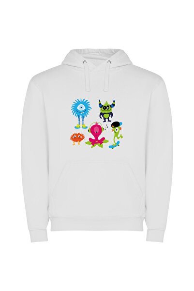 iLovePrints Monsters United: Charming Cartoons Φούτερ με κουκούλα σε χρώμα Λευκό