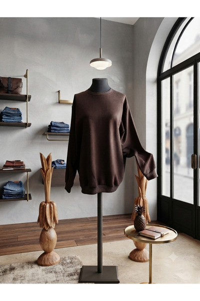 RRPAS Oversize Kahverengi Bisiklet Yaka Düşük Omuz Selanik Örme Sweatshirt - L Beden