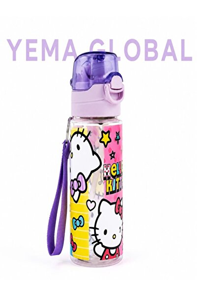 YEMA GLOBAL Çocuk Pipetli Suluk – Hello Kitty Desenli Taşıma Askılı Matara 50...