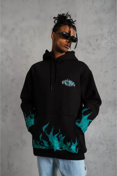 pazarella Men's three-thread cotton flame print hooded sweatshirt - black