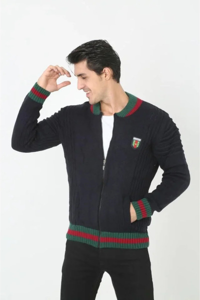 pazarella Men's full zip knit cardigan - navy blue