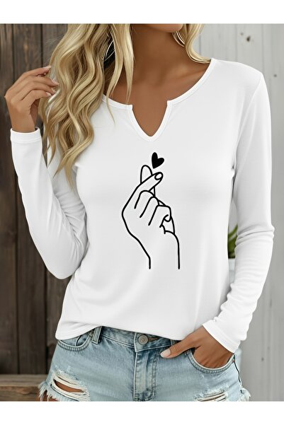 mercoledi Text Printed Cotton V-Neck Long Sleeve Blouse