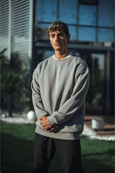 oniks store Winter Crew Neck Three Yarn Basic Sweatshirt - Dyed Gray