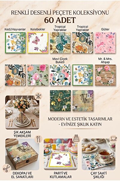TARIK HOME 60 Adet Renkli Desenli Kağıt Peçete Seti - Çiçekli & Vintage Dekor...
