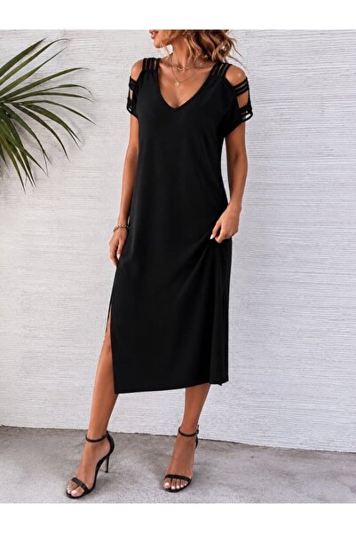 Generic Brand Women's Short Sleeve Stripe Detailed Side Slit Viscose Dress