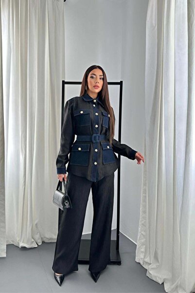 Moda Days Women's Black Garnished Pocketed Belted Shirt Pants Set Wide Leg