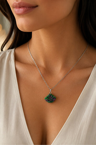 OceanDesign Natural Zoisite Stone Women's Necklace |   45 cm Anti-Tarnish Ste...