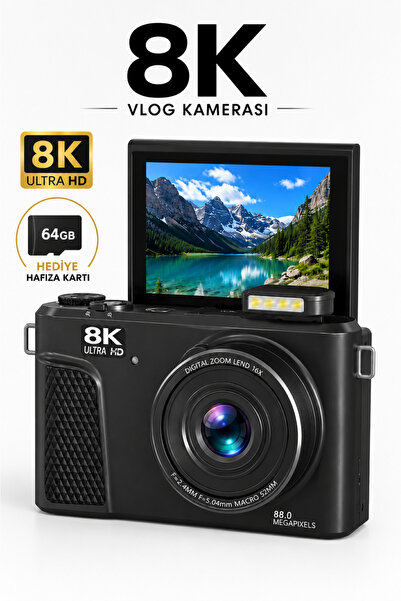 RAYLAX 8K Dijital Vlog Fotoğraf Makinesi 88MP 18X Zoom 64GB Hafıza Kartı Hedi...