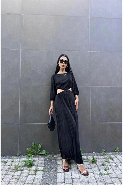 Moda Days Women's Black Pleated Maxi Dress Boat Neck Long Balloon Sleeves Low...