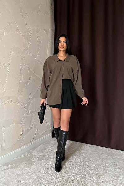Moda Days Дамска каки риза със свободна кройка, с дълъг ръкав, с яка и копчет...