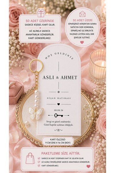 Emtory Home Oval Uzun Kart | 10'lu Kelebek Anahtarlık Hediye - Nişan Hediyesi - Nikah Hediyesi - Kına Hatırası