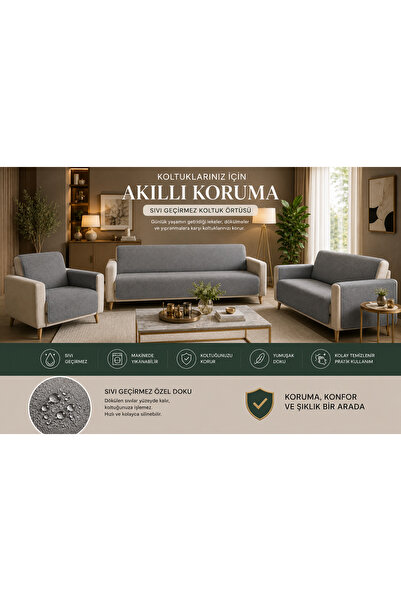 ARTASIX Gri Koltuk Takımı Örtüsü 3+3+1+1 Premium | Sıvı Geçirmez Kaymaz Yıkan...